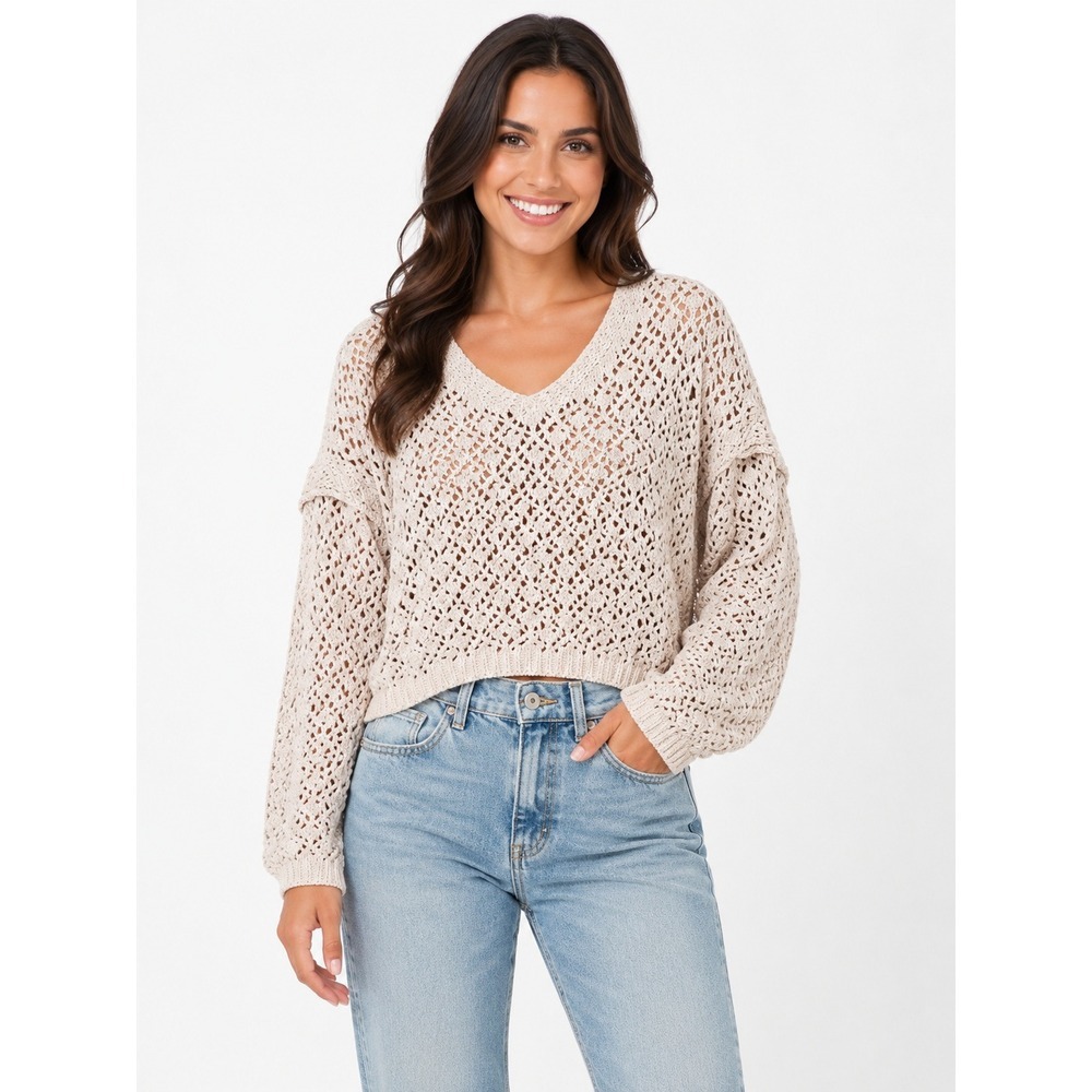 Nicole Miller Artelier Y2K Chunky Knit V-Neck Sweater Beige Open Weave Small